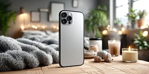 Cozy Handphone Mock-up on Table in Relaxing Room