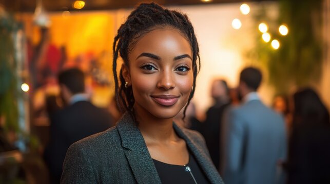 A businesswoman networking with potential investors at a startup pitch event