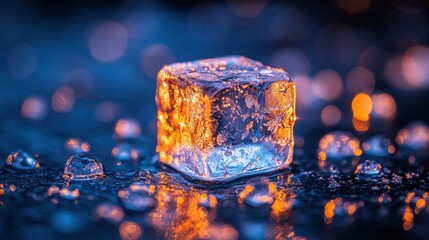 Ice cube illuminated by warm light