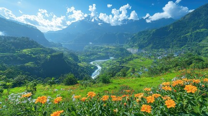 Vibrant valley landscape with wildflowers.  A scenic vista of a valley nestled amidst mountains. Lush green slopes and vibrant orange wildflowers create a breathtaking view. 