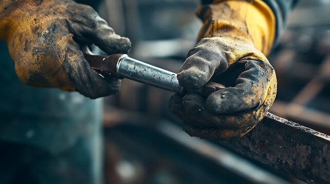 Worker in Gloves Handling a Metal Tool