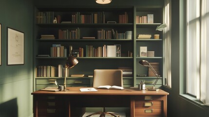 Green-toned home office with desk and shelves