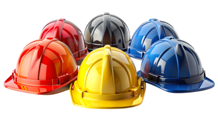 Set collection of fireman and hard safety helmet in different colors for construction site, isolated on white background PNG