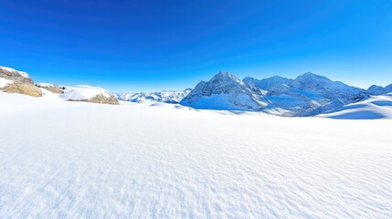Obraz premium Snow-covered mountain peaks rise above a vast white glacier under a clear blue sky.