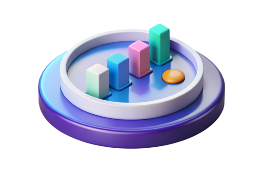 Growth chart illustration with colorful bars on round platform isolated over background financial progress