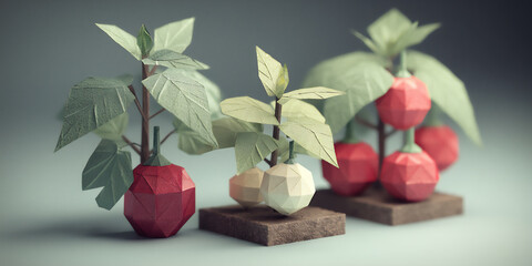 Obraz premium low poly art of stylized herbs and spices (mint, chili), warm green and red polygons