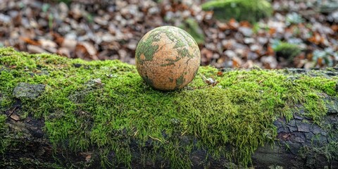 Globe lying at the foot of a moss-covered log 