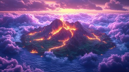 Volcanic island adrift in clouds, fiery landscape