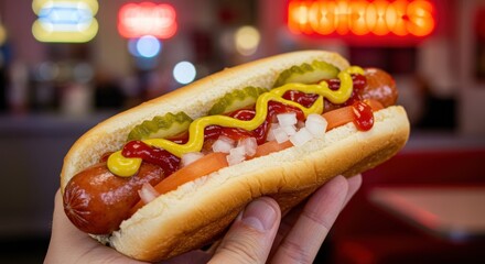 Holding Loaded Hotdog with Ketchup Mustard and Toppings