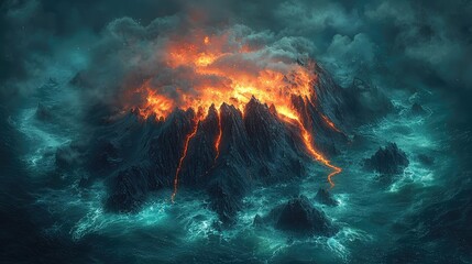 Volcanic island erupting in a stormy sea