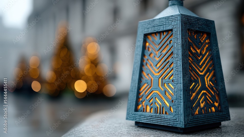 Poster close-up of a cybernetic lantern with glowing patterns against a festive background of blurred futur
