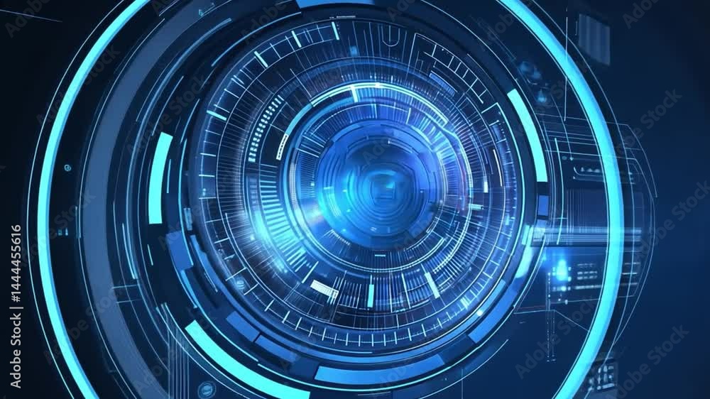 Poster futuristic blue digital interface with circular patterns and data visualizations