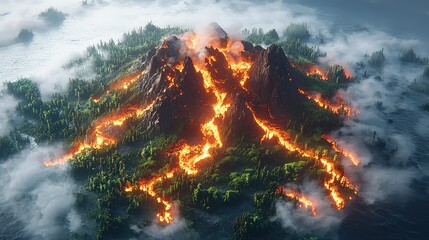 Volcanic island erupting with fiery lava flows. Lush vegetation surrounds the active volcano