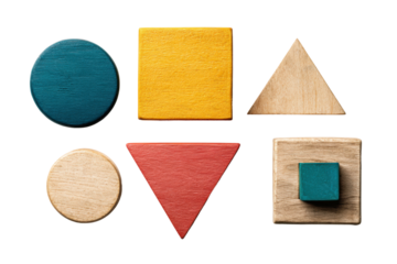 Colorful wooden geometric shapes on black background, cut out