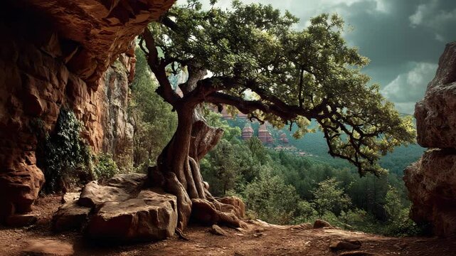 Scenic view of a gnarled oak tree on a rocky hillside, with distant red rock formations and forest visible under a cloudy sky.
