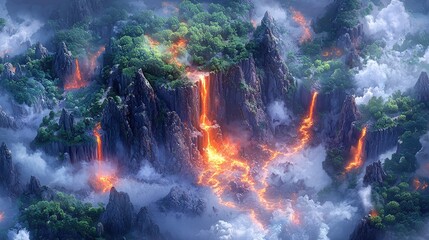 Volcanic island paradise. Lush green forests cling to jagged, volcanic peaks, while rivers of molten lava cascade down the rocky slopes.  Misty clouds swirl around the island, 