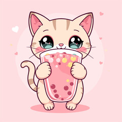 Adorable Kitten Hugging Giant Pink Bubble Tea