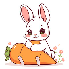 Adorable White Bunny with Giant Carrot Amongst Spring Flowers