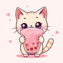 Adorable Tabby Kitten Hugging Giant Pink Boba Tea Cup