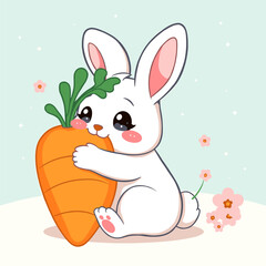 Adorable White Bunny Hugging Giant Carrot, Springtime Illustration