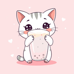 Adorable Kawaii Cat Enjoying Boba Tea Drink