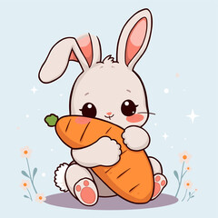 Adorable Bunny Hugging Giant Carrot, Pastel Spring Illustration