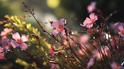 Pink flowers glistening in sunlight