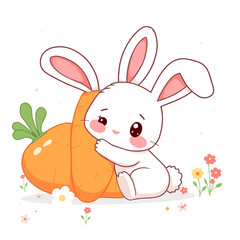 Adorable White Bunny Hugging Giant Carrot in Spring Meadow