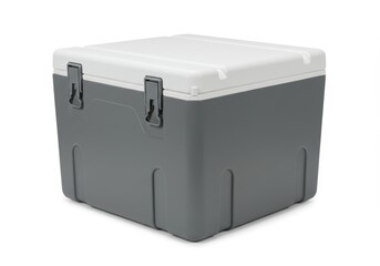 A gray and white cooler box with latches on a white background in a studio setting showing detail