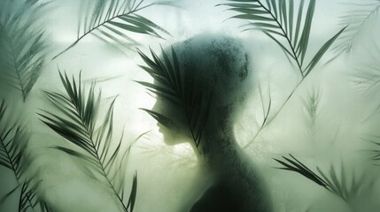 Obraz premium Silhouette of a person, tropical foliage, ethereal
