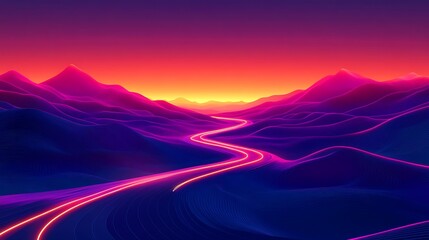 Futuristic landscape with vivid colors, neon lights, glowing road & digital mountains