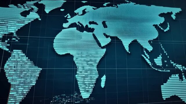 Digital world map with binary code overlay