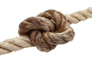 Fototapeta premium Detailed close-up of a sturdy brown rope knot on a white background, cut out