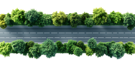 Highway with trees on the side top view isolated on white background PNG. GENERATIVE AI
