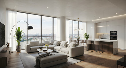 Fototapeta premium Modern Apartment Interior With City View And Open Concept Living Area