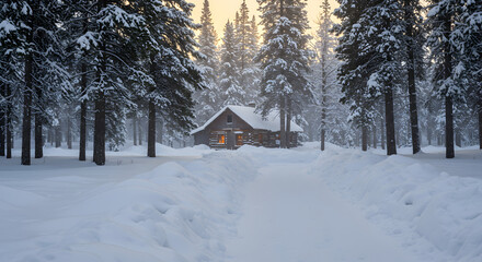 Secluded Winter Cabin In A Forest Covered With Snow And Ice
