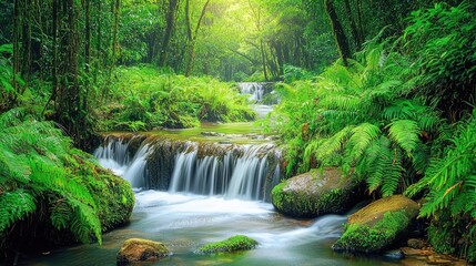Obraz premium Lush, verdant forest stream cascading over rocks.