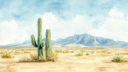 Watercolor desert landscape featuring saguaro cacti