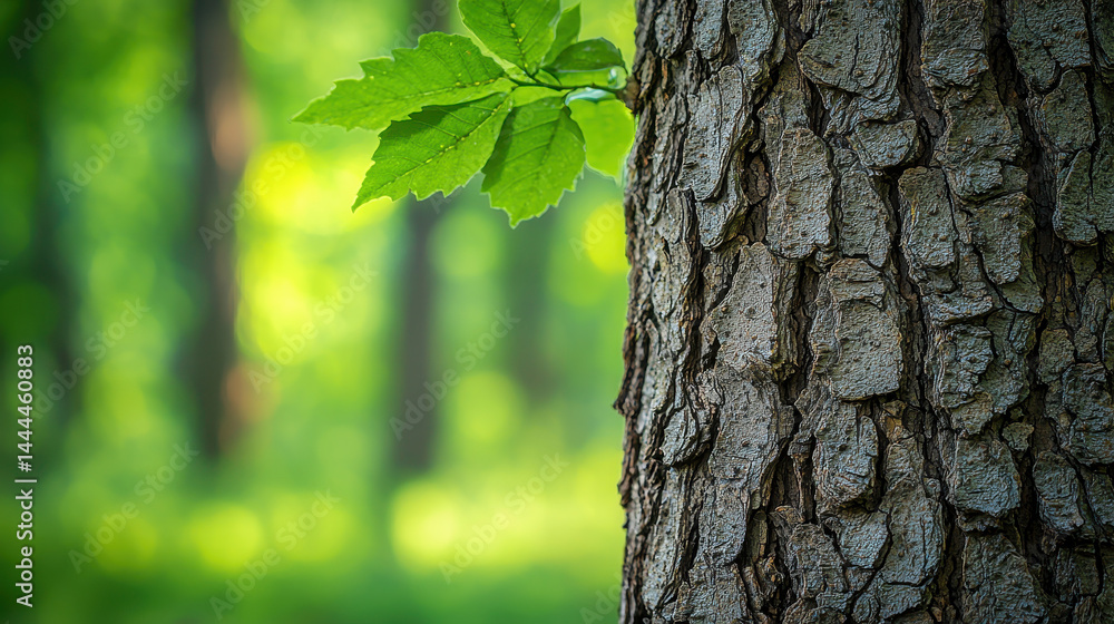 Poster close-up view of textured japanese cypress tree bark with blurred green forest background highlighti