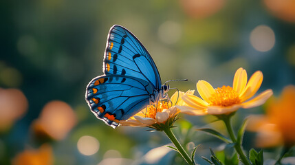 Vibrant blue butterfly perched on a yellow flower in a sunlit garden, showcasing nature's beauty