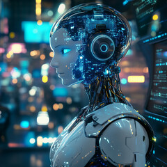 Abstract Futuristic Robot Design – High-Tech Concept with Metallic Elements, Glowing Lights, and Sci-Fi Aesthetic in a Digital Environment