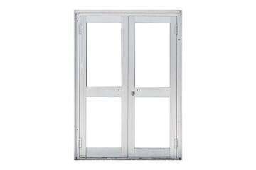 White double metal door frame with glass panels is isolated.