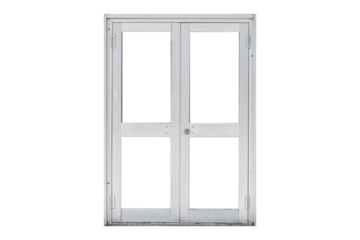 White double metal door frame with glass panels is isolated.
