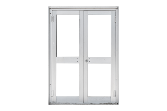 White double metal door frame with glass panels is isolated.