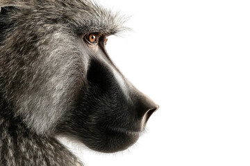Fototapeta premium Close-up portrait of a watchful baboon with piercing eyes against black background, cut out