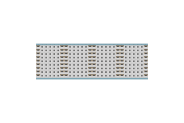 Prefabricated nine-storey apartment building with a flat facade, white panels, and light beige balconies is isolated.