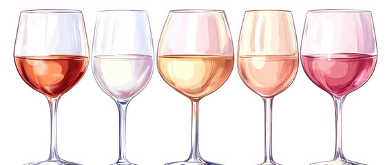 collection of glasss of wine in different flavors cut out secluded on a white background