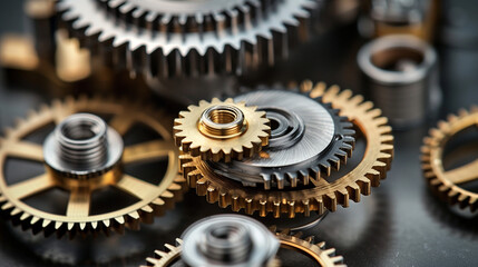﻿
Close-up of interlocking gears with metallic sheen, precision mechanics in motion, symbolizing industrial efficiency and intricate engineering.
