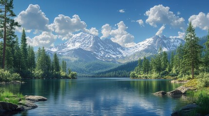 Fototapeta premium A peaceful mountain lake surrounded by evergreen trees and snow-capped peaks