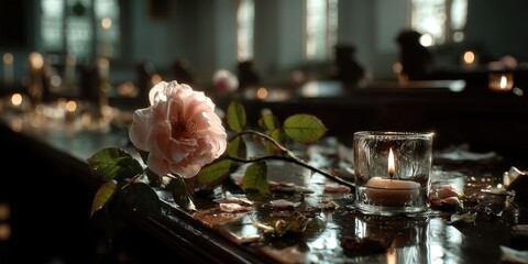 Candle and Rose in a Serene Church Setting